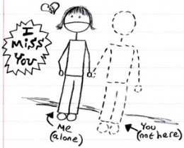 a drawing of a stick figure holding hands with a person who has abandoned them saying I miss you.