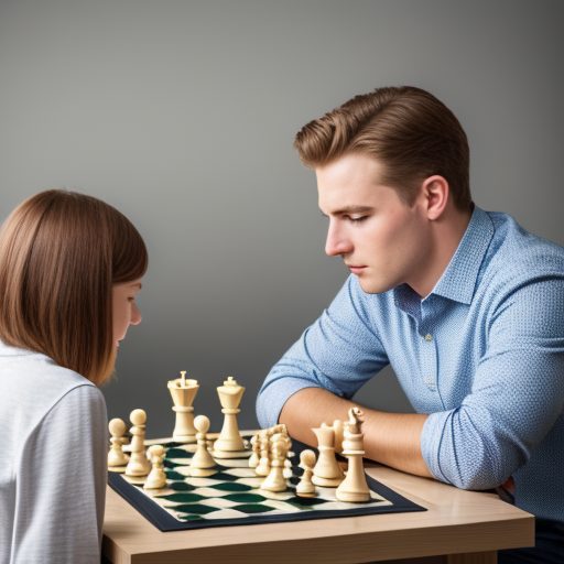A woman and a man playing a game of chess.