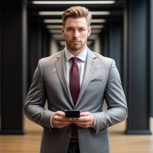 confident male in a grey suit standing in a hallway of a building holding a cell phone.